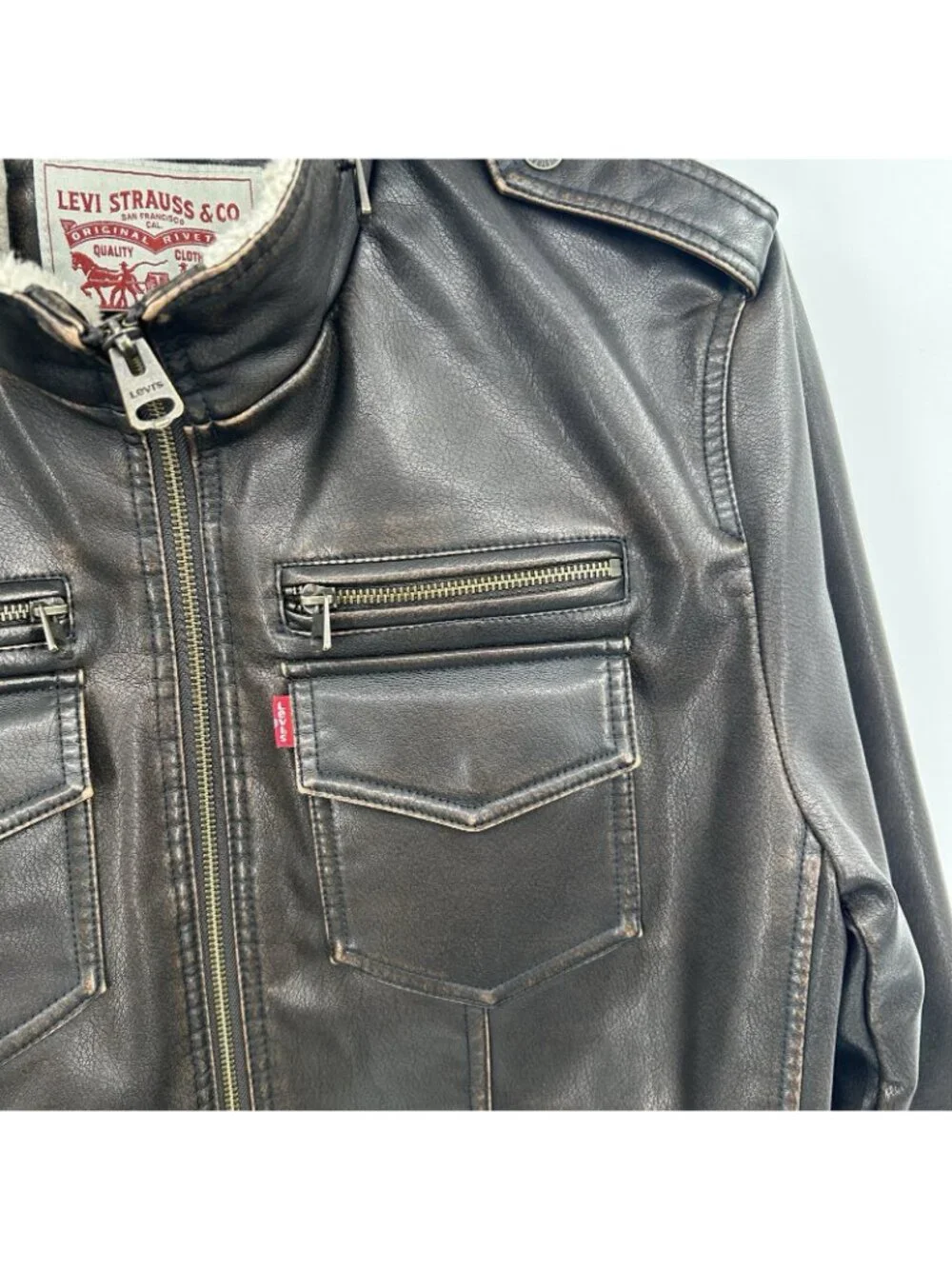 VTG Levi’s Aviator Flight Jacket Mens Size M Brown Faux Leather Sherpa Bomber -